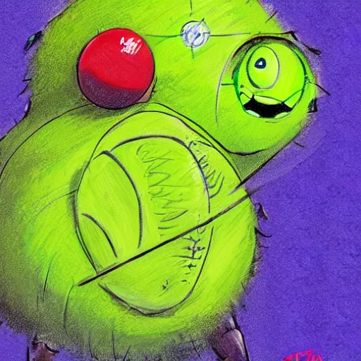 Image similar to a tennis ball monster ,tennis ball, rain, chalk, digital art, fantasy, magic, trending on artstation, ultra detailed, professional illustration by Basil Gogos