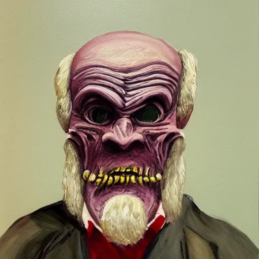 Image similar to a painting of an old man wearing a scary fleshy mask