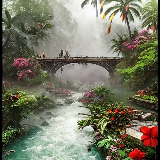 Image similar to tropical island, ornate, beautiful, atmosphere, vibe, mist, smoke, fire, chimney, rain, wet, pristine, puddles, melting, dripping, snow, creek, lush, ice, bridge, forest, roses, flowers, by stanley artgerm lau, greg rutkowski, thomas kindkade, alphonse mucha, loish, norman rockwell