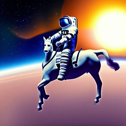 Prompt: an astronaut is carrying a horse on his neck, concept art, fantasia photo