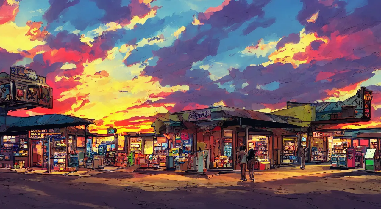 Image similar to convenience store roadside south west sunset sky beautiful artstation 4 k breathtaking graphic novel concept art illustration cartoon by jack kirby