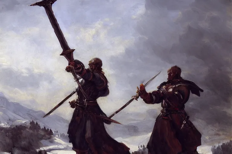 Prompt: landscape realistic painting image of a templar knight with one mechanical hand, carrying a fire sword and wielding it at the ice dragon. dramatic scene, realism, created by gustave courbet and michaelangelo, trending in artstation, fine art, smooth draw with oil painting.