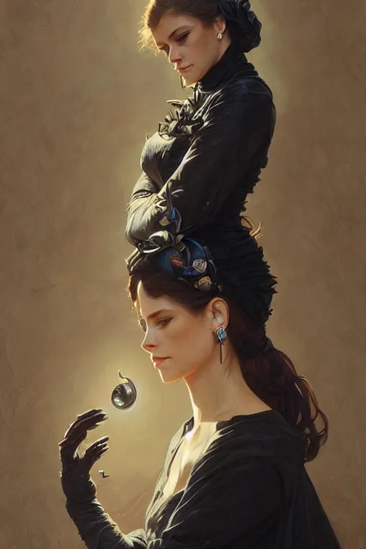 Image similar to portrait of a queen cat lady, dark, piercing eyes, gentle expression, elegant clothing, photorealistic, highly detailed, artstation, smooth, sharp focus, art by michael whelan, artgerm, greg rutkowski and alphonse mucha