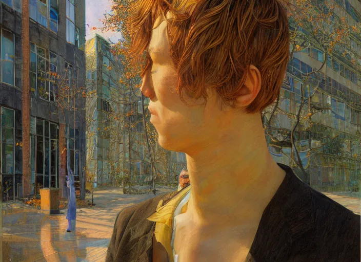 Prompt: portrait of man outside office building, bright ground, cynical realism, painterly, yoshitaka amano, miles johnston, moebius, beautiful lighting, miles johnston, klimt, tendrils, in the style of, louise zhang, victor charreton, james jean, two figures