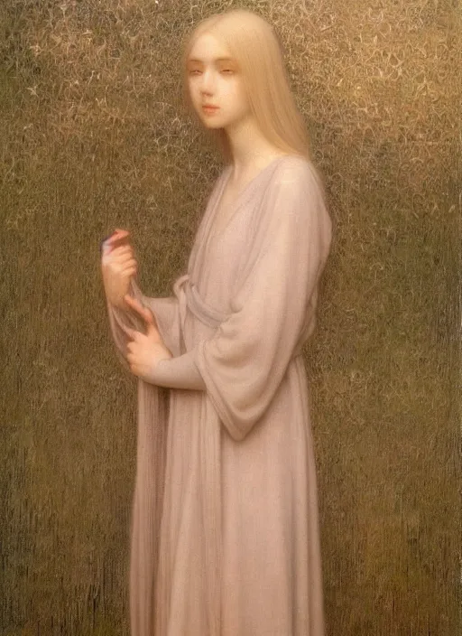 Prompt: thin young girl with silver hair, pale and wan!, wearing robes, petite goddess, flowing hair, pale skin, young cute face, covered!!, oil on canvas by jean delville, 4 k resolution, aesthetic!,