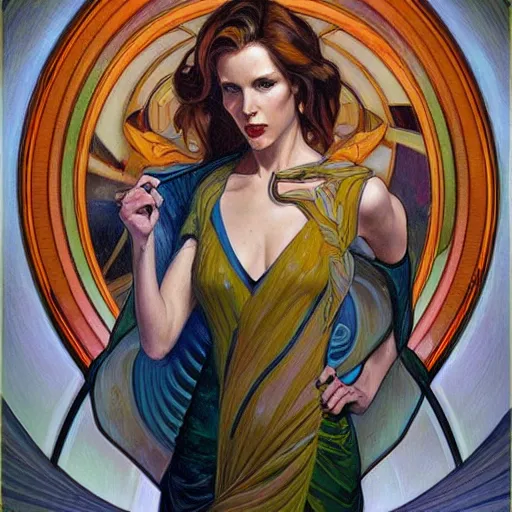 Image similar to a streamline moderne painting in the style of donato giancola, and in the style of charlie bowater, and in the style of alphonse mucha. symmetry, smooth, sharp focus, semi - realism, intricate detail.