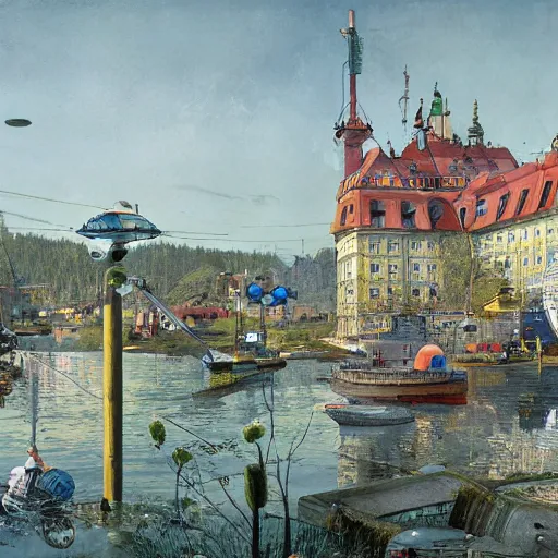 Prompt: futuristic sweden, by carl larsson and simon stalenhag, highly detailed, 4 k