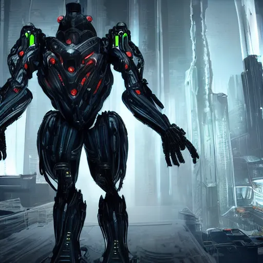 Image similar to crysis nanosuit, warframe, 5 0 feet tall, cyberpunk city, robot, mech, h. r. giger