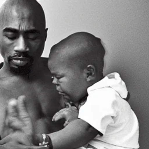 Image similar to photo of 2 pac taking care of my white caucasian baby, the baby is white you stupid ai.