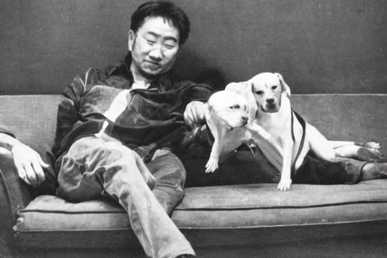 Prompt: A man leaning back on a sofa with his dog in his lap, Shinji Aramaki