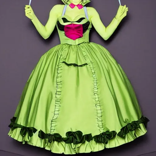 Image similar to A shrek-themed lolita dress; modern japanese fashion