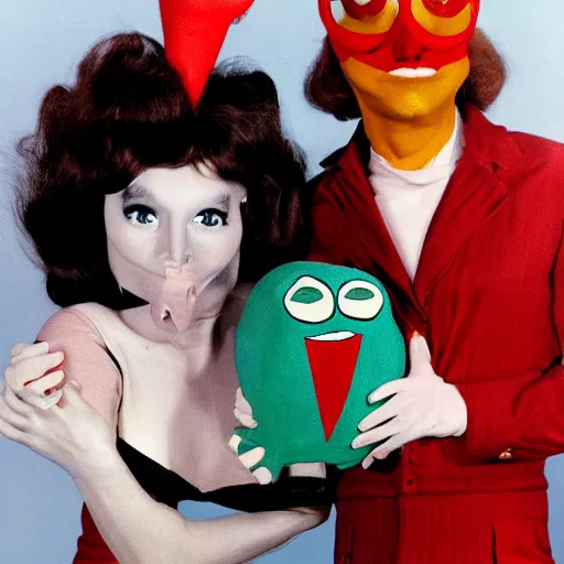 Image similar to 1976 film still glamorous woman photo and her friend, an anthropomorphic stomach, traveling, live action children's tv show, 16mm film live soft color, earth tones and some primary colors 1976, wacky, in style of john waters doris wishman russ meyer