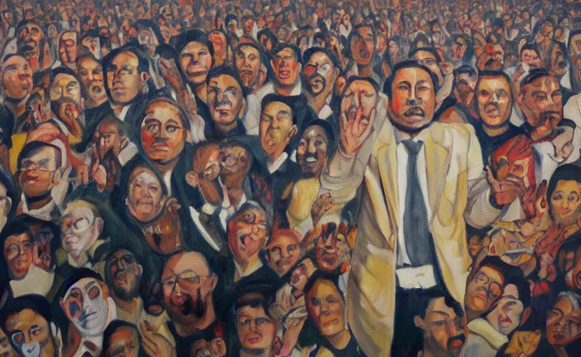 Image similar to a painting of a man with eyes wide open surrounded by people with their eyes completely closed. there are also crt television drones flying around