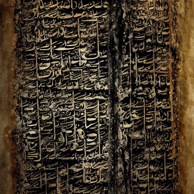 Image similar to ultra - realistic disconcerting photo of a partially damaged dead sea scroll in the style of the necronomicon with nabeatean aramaic in sideways columns, dark, brooding, volume lighting, atmospheric lighting, painted, intricate, ultra detailed, well composed, best on artstation, cgsociety, epic, stunning, gorgeous, intricate detail, wow, masterpiece