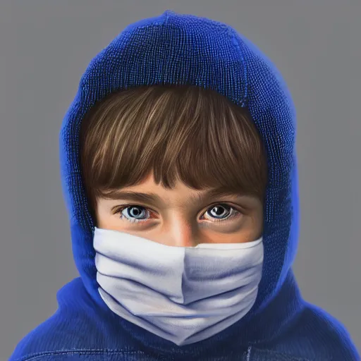 Image similar to a detailed portrait of a boy wearing a balaclava mask, blue eyes, art illustration, incredibly highly detailed and realistic, 8 k, sharp focus