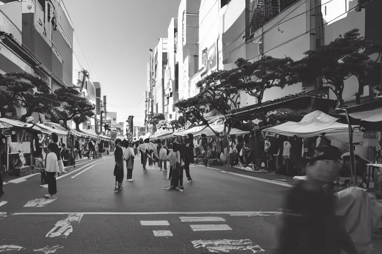 Prompt: still photo of a japanese street festival, black and white color aesthetic, highly detailed, photorealistic portrait, bright studio setting, studio lighting, crisp quality and light reflections, unreal engine 5 quality render