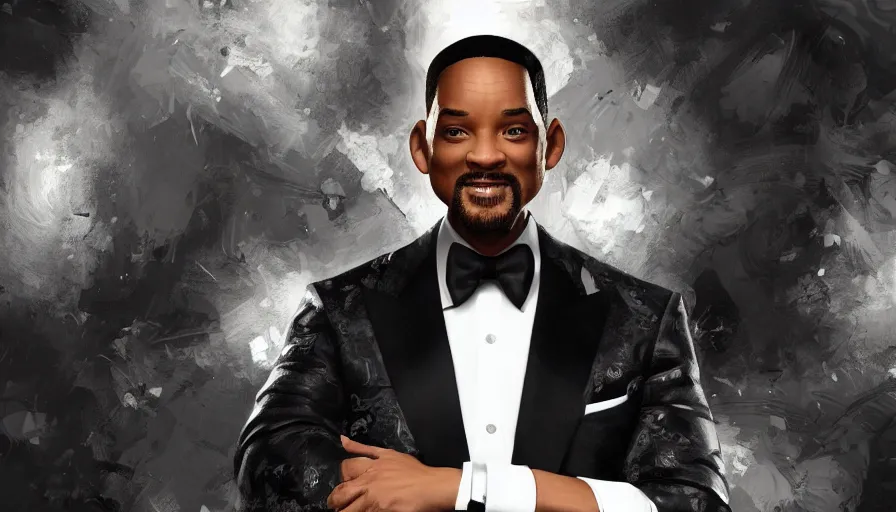 Image similar to will smith in white suit and tie, black background, hyperdetailed, artstation, cgsociety, 8 k