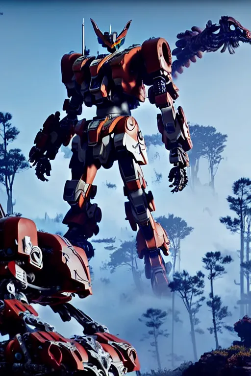 Image similar to a cinematic still from horizon zero dawn and pacific rim and westworld, full body mech, gundam, intact humanoid servo, octane render, nvidia raytracing demo, masterpiece, aged armor plating, decipticon armor plating, aggressive head, endoekeleton exposure