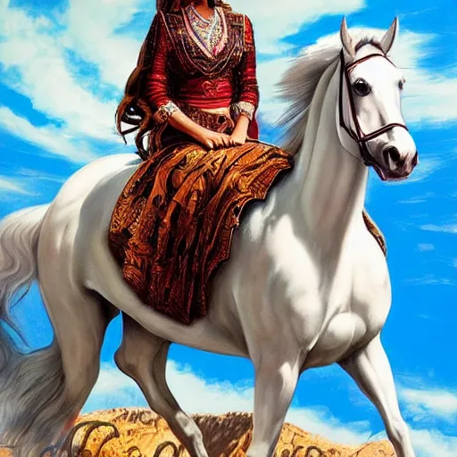 Image similar to full body shot of a beautiful young kurdish woman riding a beautiful white horse in the kurdish mountains art by martin ansin, highly detailed, 8 k, high resolution, award winning art, incredibly intricate, beautiful and symmetrical face