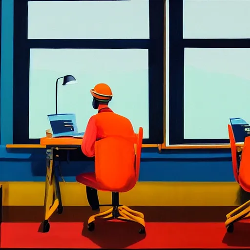 Image similar to A fine art painting of a man wearing Vr goggles dressed in orange overalls and creating the metaverse at a desk with screens, view through a window on a British street. In the style of Edward Hopper and Wes Anderson