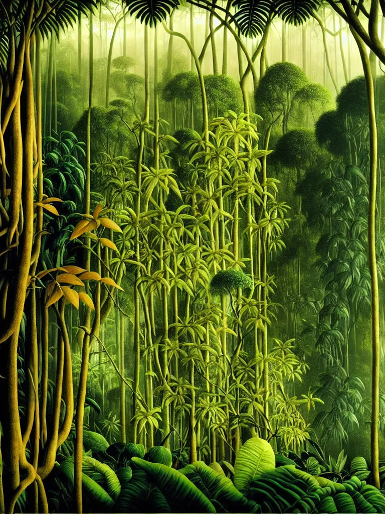 Image similar to A photorealistic painting of the lush interior of a Malaysian jungle, forest canopy covers the morning sunlight, dense exotic tropical flora and fauna gives a foreboding atmosphere where time seems to stand still, creeping vines hangs like bloody entrails, tree roots like severed human limbs as imagined by Martin Johnson Heade, Hiroshi Sugimoto, Henri Rousseau, medium close up shot, wide angle lens, anaglyph filter, cinematic mood lighting, National Geographic photograph, British Pathe archive, cinematography of Apocalypse Now (1977), trending on Art Station.