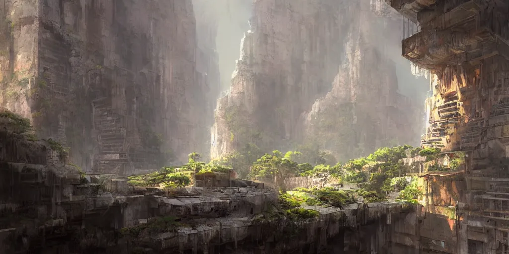 Prompt: a canyon with brutalist mayan architecture by eytan zana