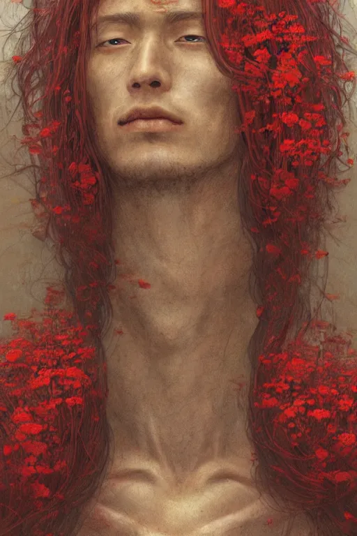 Image similar to portrait of beautiful young man, warhammer, japanic style, cyberpunk, a lot of scars, more and more flowers, red head, the middle ages, highly detailed, artstation, illustration, art by jean delville, 8 k quality