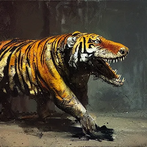 Prompt: crocodile morphed with tiger, highly detailed jeremy mann painting
