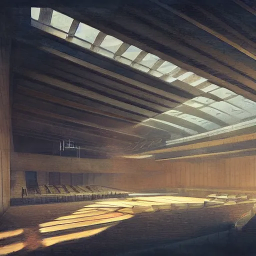 Prompt: concept art of the auditorium of a singaporean school, it is evening and light slants in through the windows, art by greg rutkowski