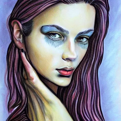 Image similar to portrait in strange art style, very creative drawing and painting of a beautiful woman