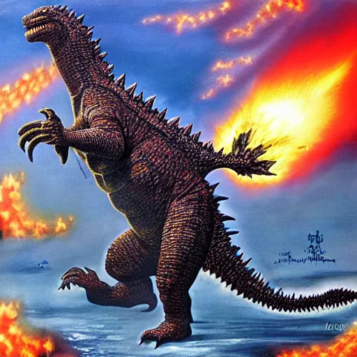 Prompt: godzilla in space breathing fire!! the fire becomes the sun, surreal, highly detailed