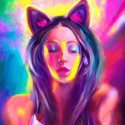 Image similar to woman with cat ears at a rave, expressive oil painting, dance, digital art, beautiful lighting, vivid, trending on artstation