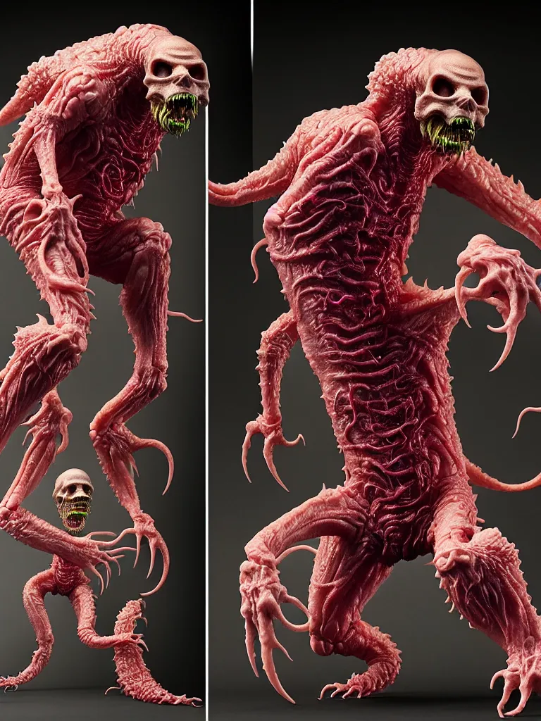 Image similar to hyperrealistic rendering, fat smooth cronenberg flesh monster transparent kaiju with skull and spine by donato giancola and greg rutkowski and wayne barlow and zdzisław beksinski, product photography, action figure, sofubi, studio lighting, colored gels, colored background