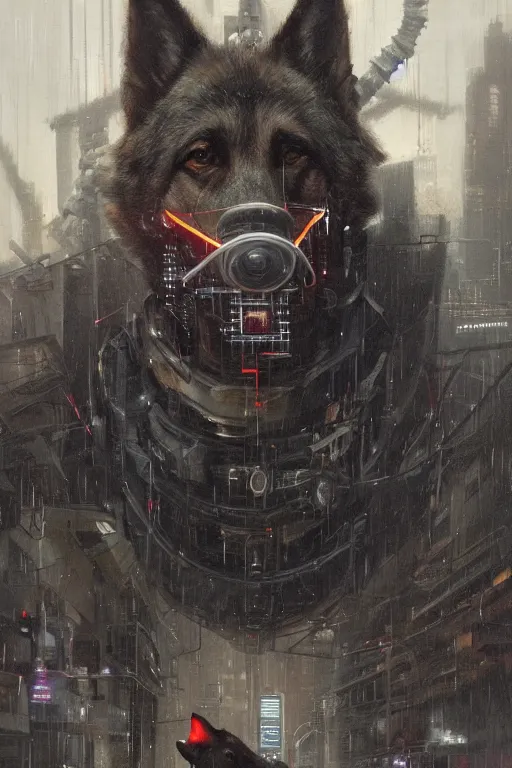 Prompt: new york city portrait of furry anthro anthropomorphic german shepard head animal person fursona exposed machinery strange cybernetic augmentations cyber muzzle robot body gloomy rainy cyberpunk digital art by Greg Rutkowski, Simon Stalenhag, trending on Artstation, CGSociety