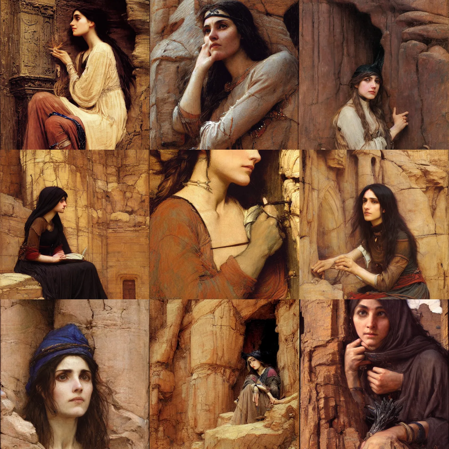 Prompt: orientalism portrait of a witch sitting in a sandstone ruin face detail by john william waterhouse and theodore ralli and nasreddine dinet and adam styka, masterful intricate artwork, excellent lighting, high detail 8 k