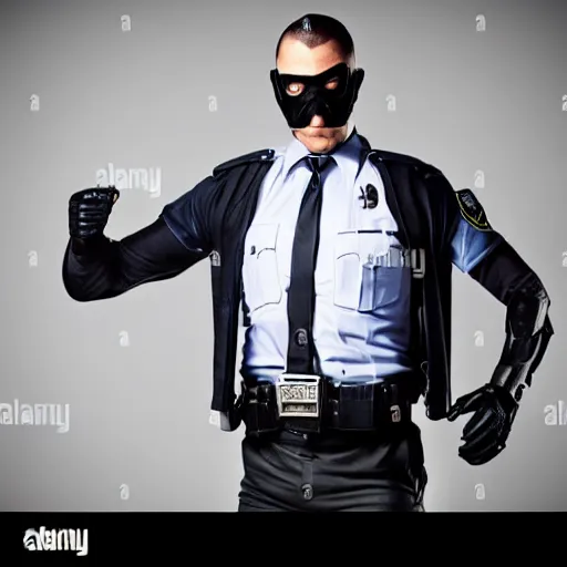 Image similar to A police officer superhero hybrid, posing heroically, stock image