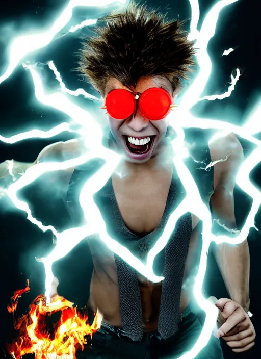 Prompt: photorealistic young man with red spiked long hair, using an orange lens googles. Wearing white shirt, a black waistcoat. He is throwing a wild fire blast from his hands, with a vicious smile in face. dynamic lightning.
