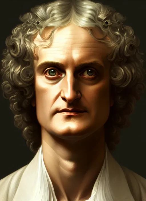 Image similar to symmetry portrait of isaac newton, studio lighting, intricate, elegant, highly detailed, digital painting, artstation, concept art, smooth, sharp focus, illustration, art by artgerm and greg rutkowski and alphonse mucha