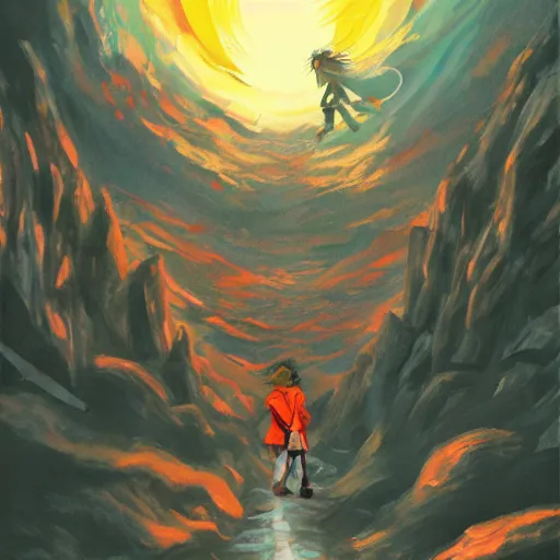 Image similar to anime key visual of frodo climbing mount doom, acrylic painting, jm animation