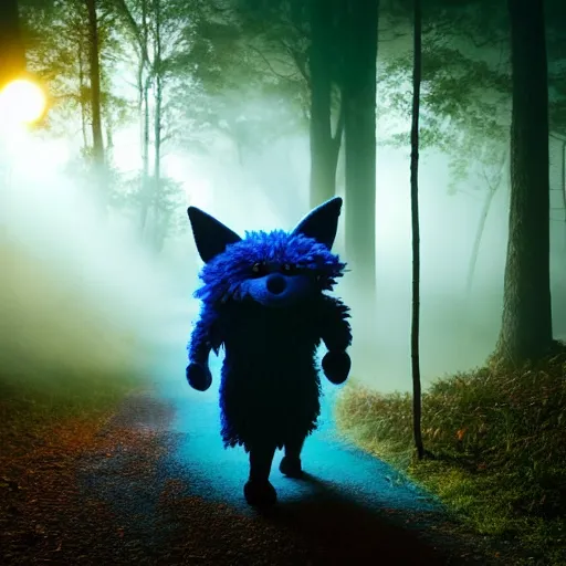 Prompt: a large two tailed druid fox muppet wearing a hooded cloak holding a lit torch and herding a bunch of random muppet animals following behind through a dark foreboding misty blue forest at night, sesame street, photograph, photography, ultrarealistic, national geographic