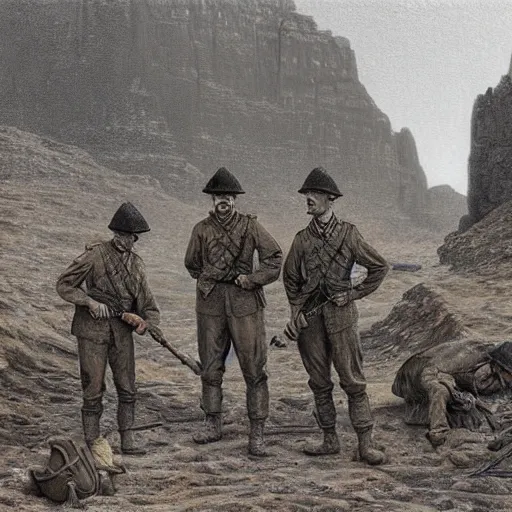 Image similar to ultra detailed photorealistic sepia - toned painting from 1 9 1 7, three british soldiers standing at an archaeological dig site in wadi rum, ultra realistic, painted, intricate details, lovecraft, atmospheric, dark, horror, brooding, highly detailed, by dave dorman