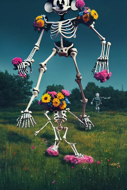 Prompt: a skeletal, mickey mouse made out of flowers and bones, taking a giant robot for a walk in the cyberpunk countryside by beeple, nychos and arcimboldo, highly detailed octane render