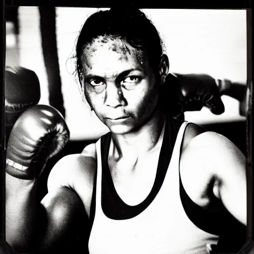 Prompt: close up portrait of woman boxer after boxing with brews blood sweating, photography photojournalism, very grainy image, 80mm lens, close up portrait polaroid