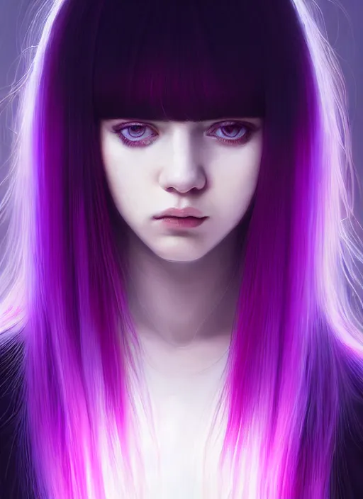 Image similar to hair whitebangs hair, black hair, whitebangs, portrait of teenage girl with white bangs, red irises, purple clothes, white bangs, bangs are different color from hair, intricate, elegant, glowing lights, highly detailed, digital painting, artstation, concept art, smooth, sharp focus, illustration, art by wlop, mars ravelo and greg rutkowski