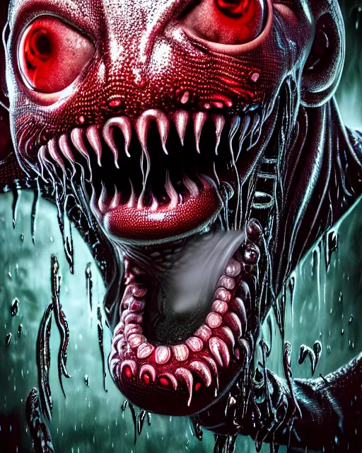 Image similar to realistic long textured tongue demon wet humanoid alien, smoke, mouth in mouth, large alien eyes, metallic reflective fangs dripping greenish acid saliva, thin red veins, intricate grey snake scales ornate skin, cinematic light shadows, reflections, crawling in a wet sewer pipe, dim flashlight lighting, insanely detailed