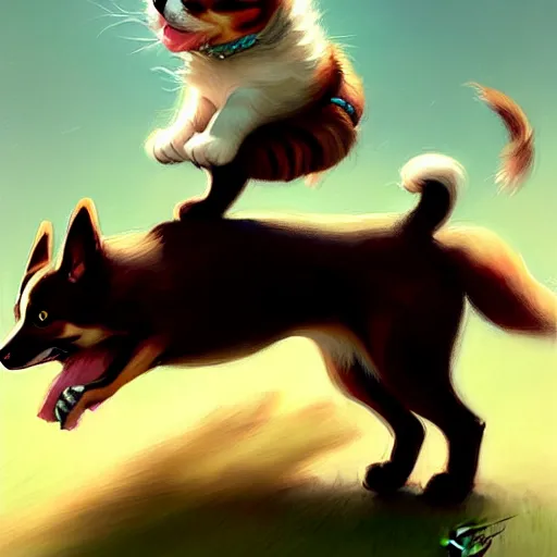 Image similar to tiny cat girl riding on the back of a giant corgi by greg rutkowski