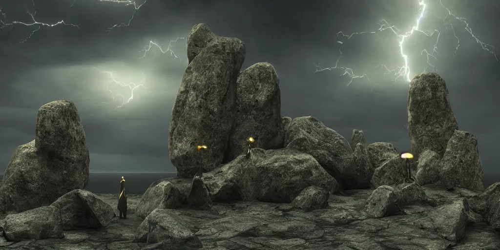 Image similar to Photorealistic strange dark monks perform a ritual. Magical symbols float above them. Epic landscape with magically floating rocks, with ominous storm clouds, strange levitating stones, stones falling from the sky, a gentle rising mist. occult photorealism, UHD, amazing depth, glowing, golden ratio, 3D octane cycle unreal engine 5, volumetric lighting, cinematic lighting, cgstation artstation concept art