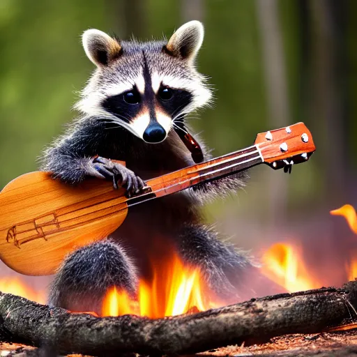 Prompt: an 8k photo raccoon playing a wooden ukulele by a campfire, dark forest in the background