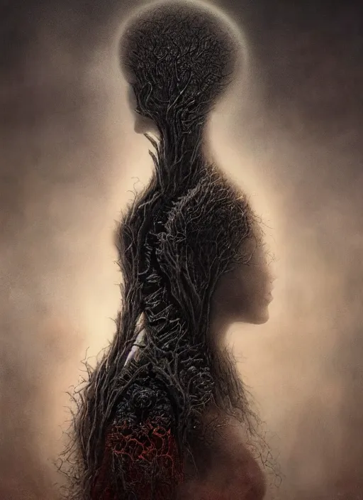 Image similar to dramatic matte portrait painting of woman with black mandelbrot fractal instead of face, in style of zdzisław beksinski, horror, body horror, dark art, 4 k, detailed, realistic, psychotic, insane, crazy, mental illness, dramatic,