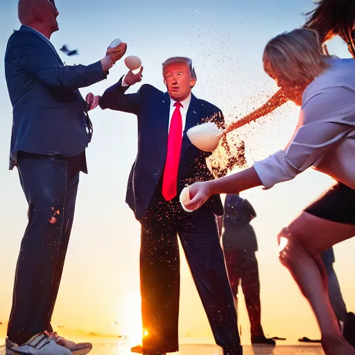 Image similar to donald trump throwing pudding onto citizens, citizens soaked with pudding, golden hour, boardwalk, professional photography